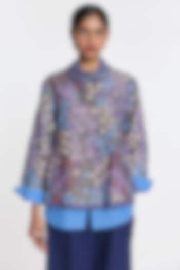 Blue Cotton Linen Floral Embroidered Jacket by Payal Pratap at Pernia's Pop Up Shop