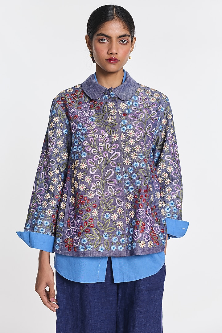 Blue Cotton Linen Floral Embroidered Jacket by Payal Pratap at Pernia's Pop Up Shop
