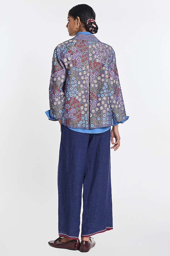 Blue Cotton Linen Floral Embroidered Jacket by Payal Pratap at Pernia's Pop Up Shop