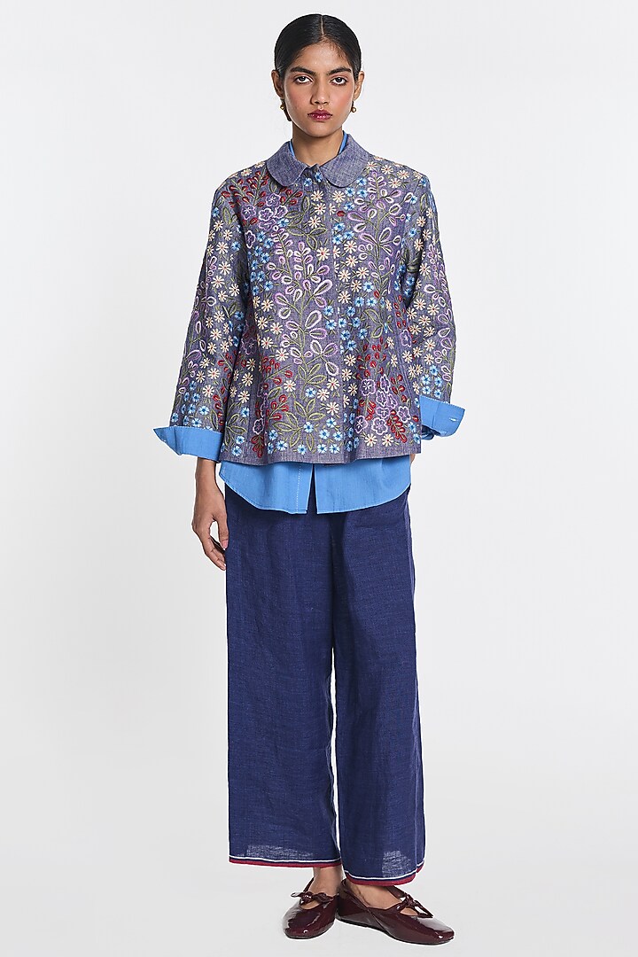 Blue Cotton Linen Floral Embroidered Jacket by Payal Pratap at Pernia's Pop Up Shop