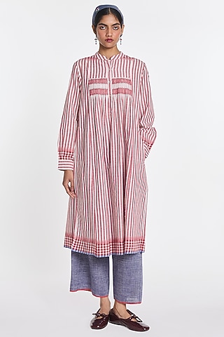 Pink Handloom Cotton Striped Tunic by Payal Pratap
