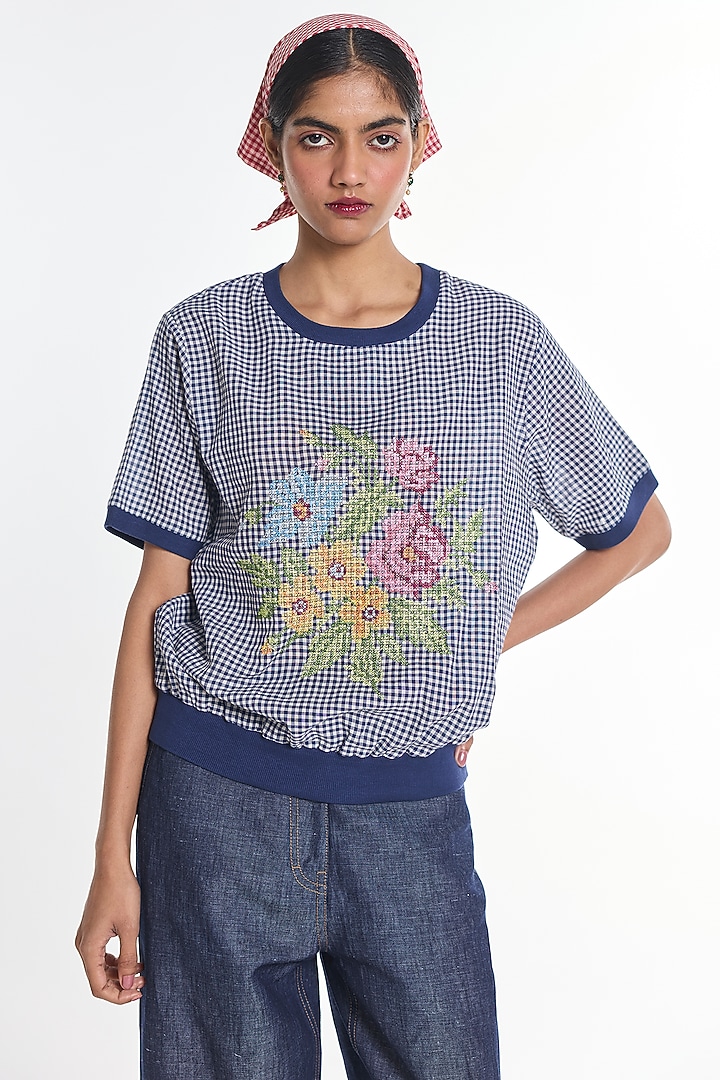Blue Handloom Cotton Gingham Checkered Top by Payal Pratap at Pernia's Pop Up Shop