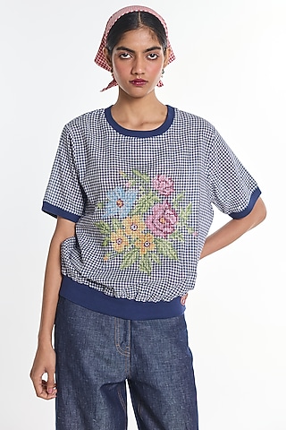 Blue Handloom Cotton Gingham Checkered Top by Payal Pratap