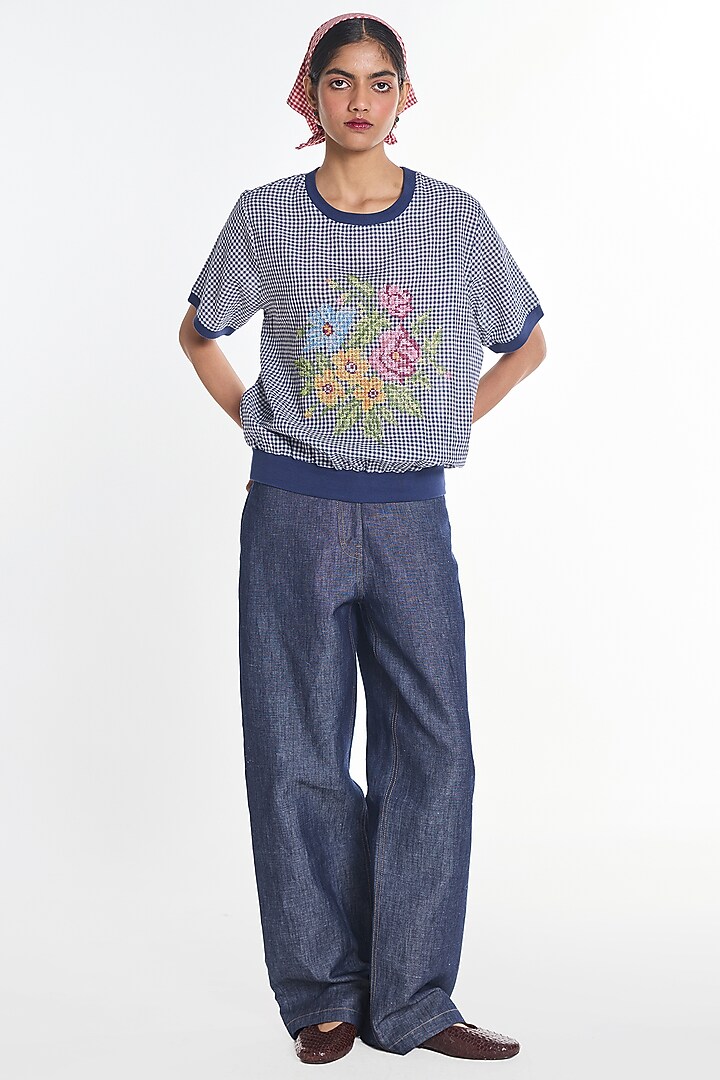 Blue Handloom Cotton Gingham Checkered Top by Payal Pratap at Pernia's Pop Up Shop