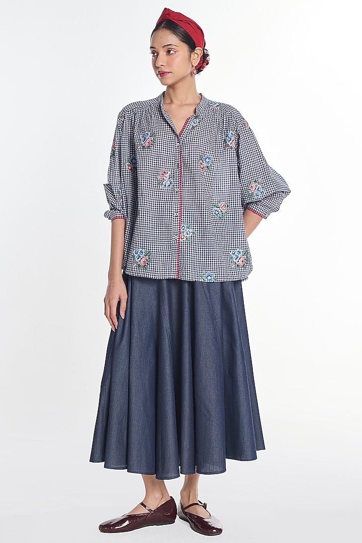 Blue Handloom Cotton Gingham Checkered Top by Payal Pratap at Pernia's Pop Up Shop
