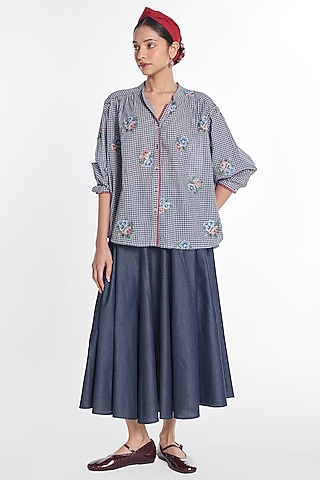 Blue Handloom Cotton Gingham Checkered Top by Payal Pratap