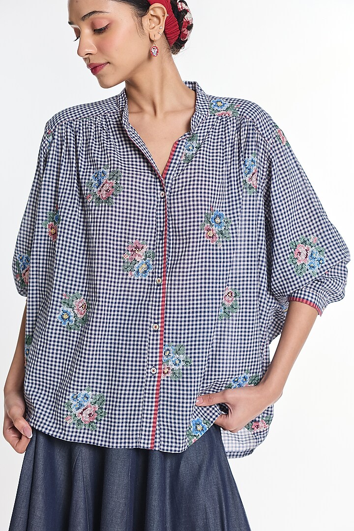 Blue Handloom Cotton Gingham Checkered Top by Payal Pratap at Pernia's Pop Up Shop