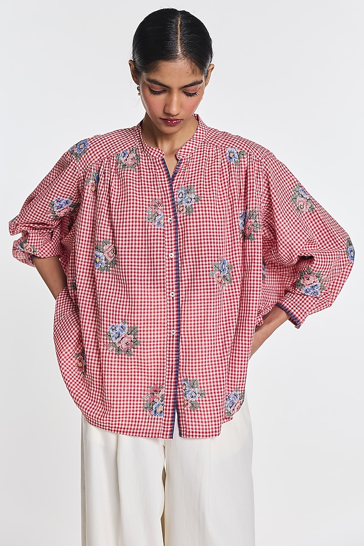 Red Handloom Cotton Gingham Checkered Top by Payal Pratap at Pernia's Pop Up Shop