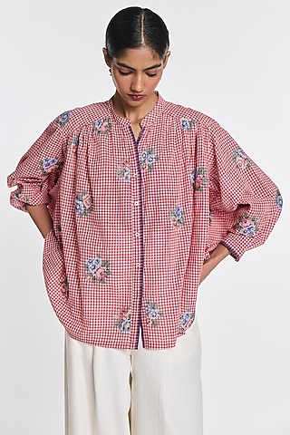 Red Handloom Cotton Gingham Checkered Top by Payal Pratap
