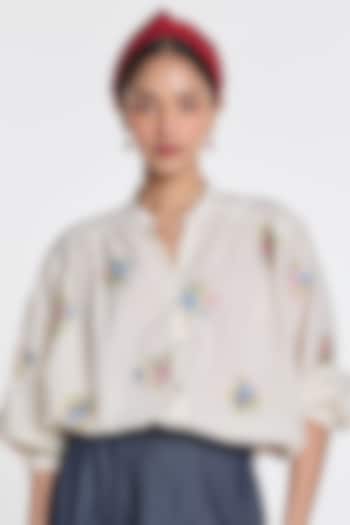 Ivory Handloom Cotton Floral Embroidered Top by Payal Pratap at Pernia's Pop Up Shop