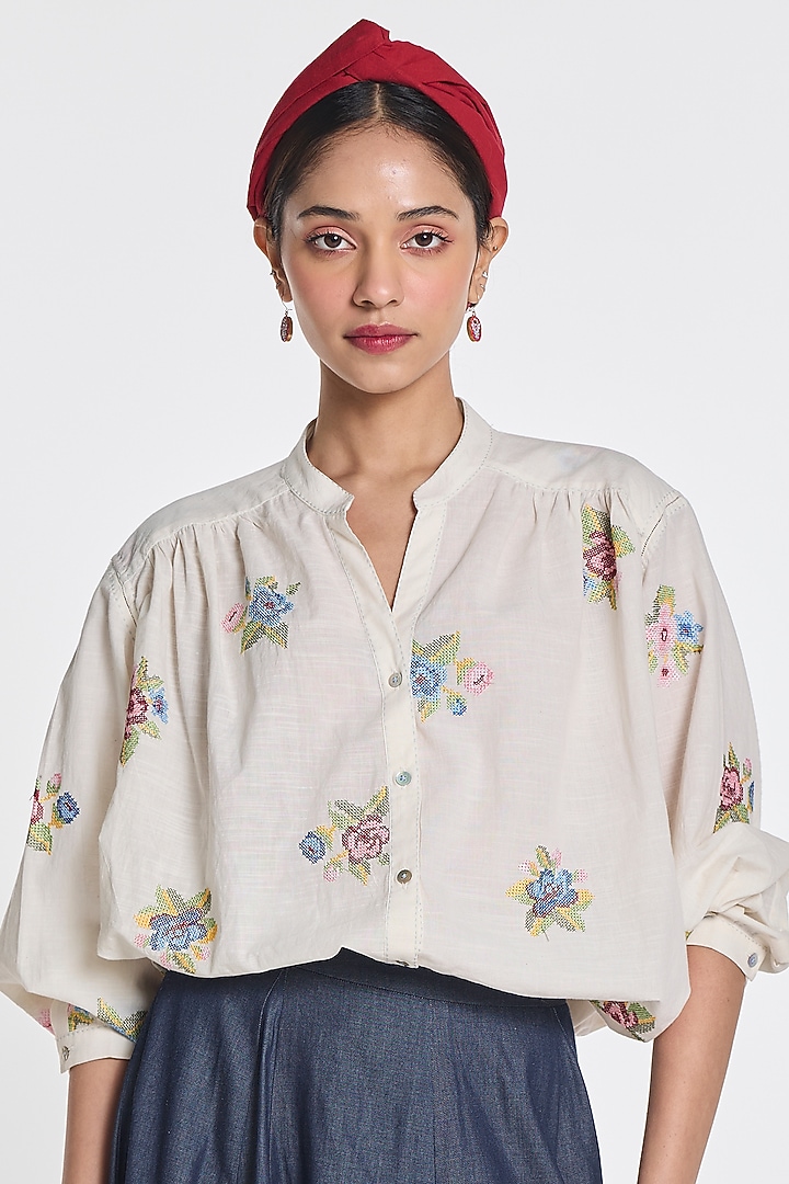 Ivory Handloom Cotton Floral Embroidered Top by Payal Pratap at Pernia's Pop Up Shop