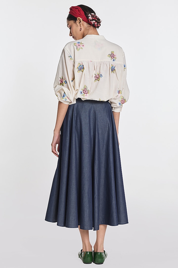 Ivory Handloom Cotton Floral Embroidered Top by Payal Pratap at Pernia's Pop Up Shop