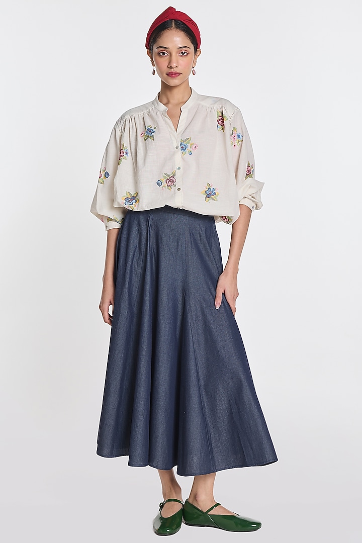 Ivory Handloom Cotton Floral Embroidered Top by Payal Pratap at Pernia's Pop Up Shop
