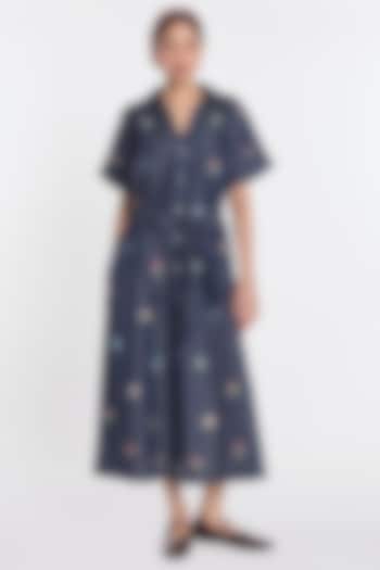 Blue Denim Floral Embroidered Midi Vacation Dress by Payal Pratap at Pernia's Pop Up Shop