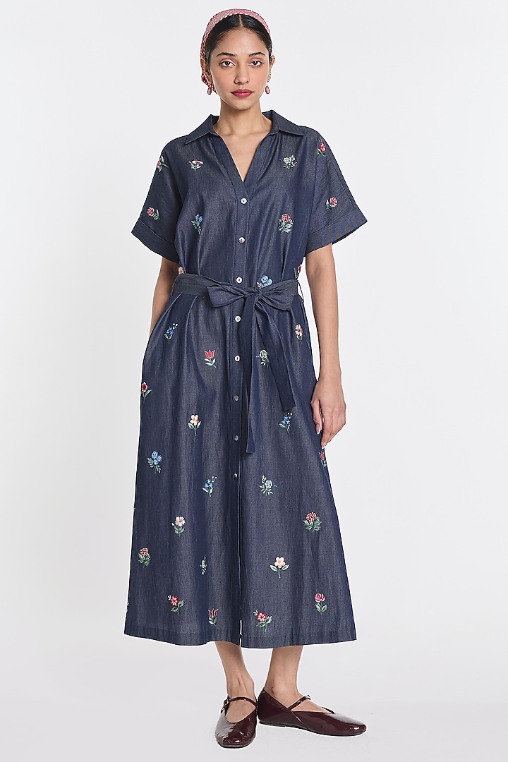 Blue Denim Floral Embroidered Midi Vacation Dress by Payal Pratap at Pernia's Pop Up Shop