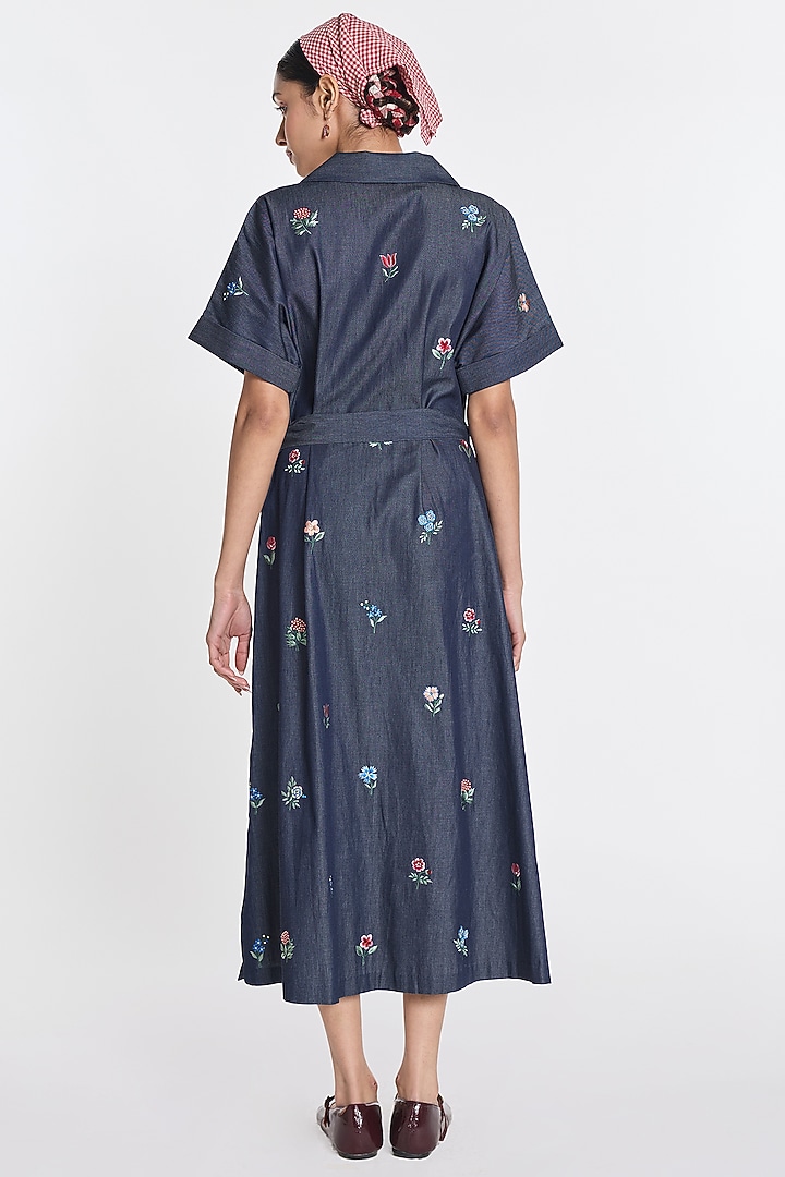 Blue Denim Floral Embroidered Midi Vacation Dress by Payal Pratap at Pernia's Pop Up Shop
