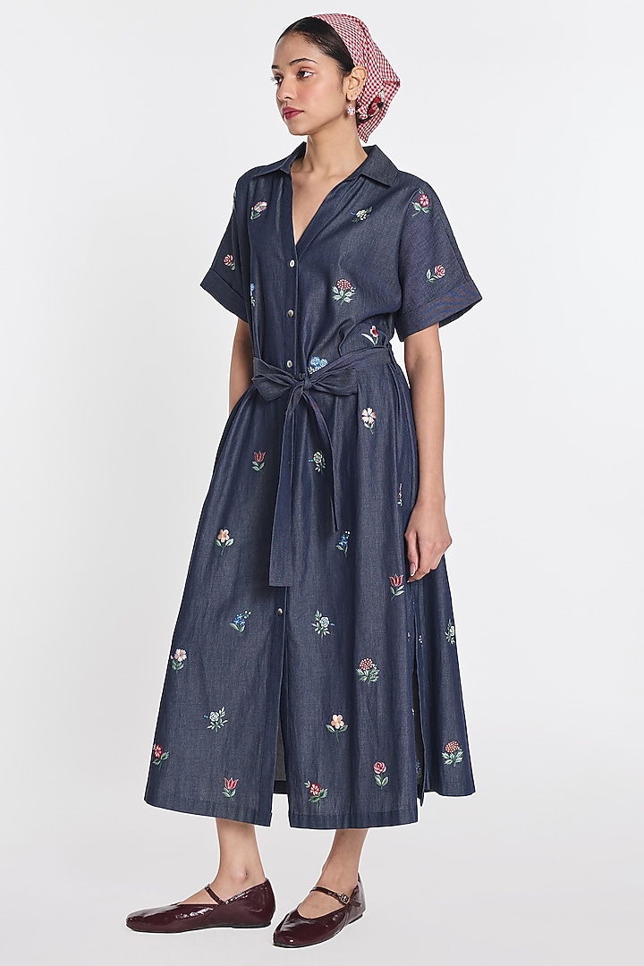 Blue Denim Floral Embroidered Midi Vacation Dress by Payal Pratap at Pernia's Pop Up Shop