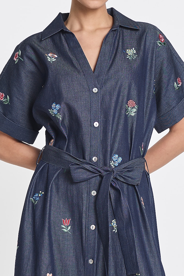 Blue Denim Floral Embroidered Midi Vacation Dress by Payal Pratap at Pernia's Pop Up Shop