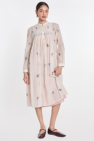 Ivory Cotton Silk Floral Embroidered Tunic by Payal Pratap