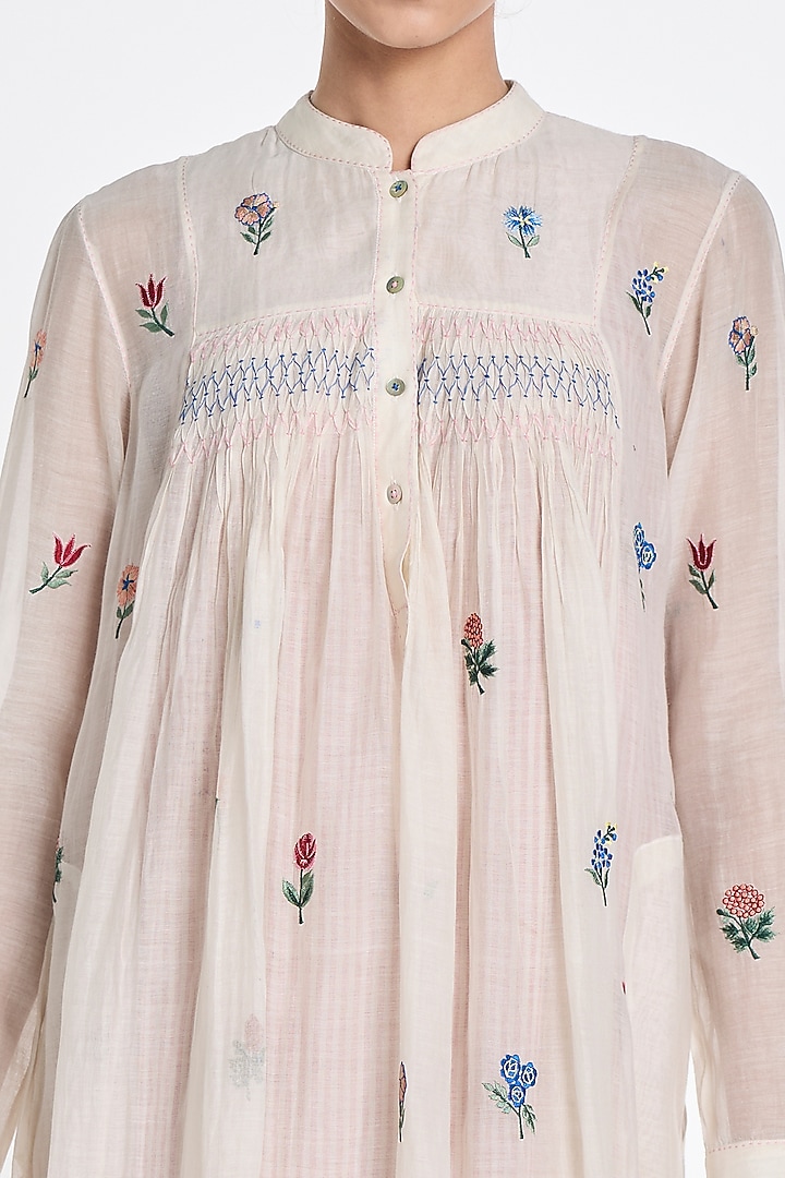 Ivory Cotton Silk Floral Embroidered Tunic by Payal Pratap at Pernia's Pop Up Shop