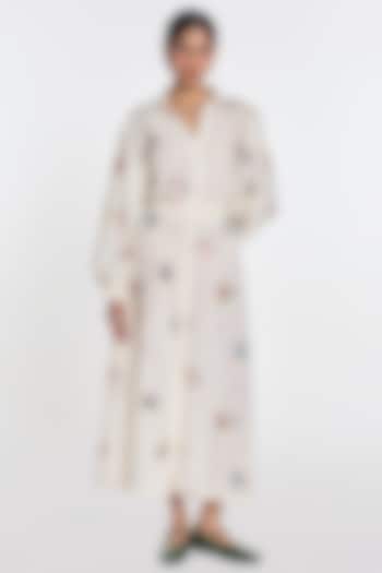 Ivory Slub Cotton Floral Embroidered Vacation Dress by Payal Pratap at Pernia's Pop Up Shop
