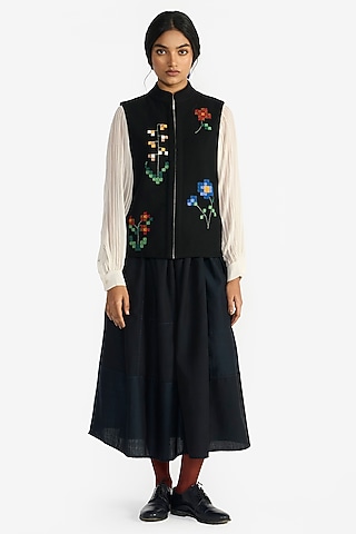 Navy Blue Handloom Cotton Panelled Skirt by Payal Pratap