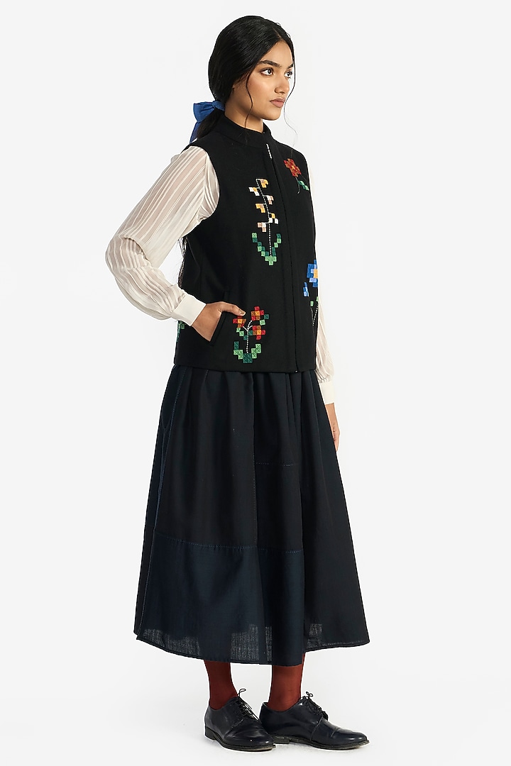 Navy Blue Handloom Cotton Panelled Skirt by Payal Pratap at Pernia's Pop Up Shop