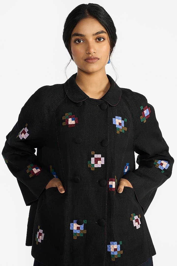 Black Handloom Linen Double-Breasted Jacket by Payal Pratap at Pernia's Pop Up Shop