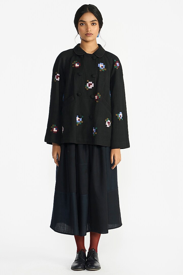 Black Handloom Linen Double-Breasted Jacket by Payal Pratap at Pernia's Pop Up Shop