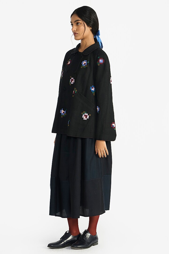Black Handloom Linen Double-Breasted Jacket by Payal Pratap at Pernia's Pop Up Shop