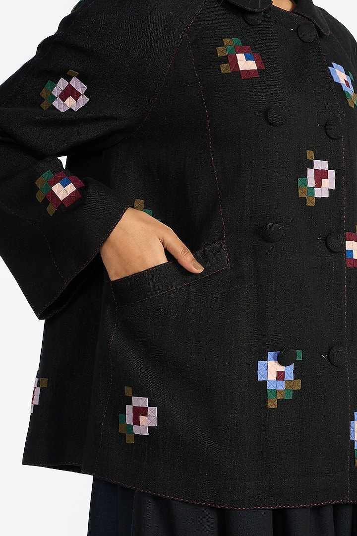 Black Handloom Linen Double-Breasted Jacket by Payal Pratap at Pernia's Pop Up Shop