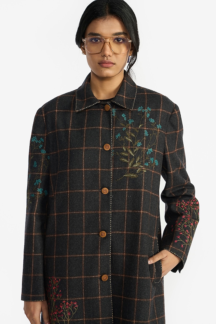 Grey & Brown Wool Checkered Jacket by Payal Pratap at Pernia's Pop Up Shop