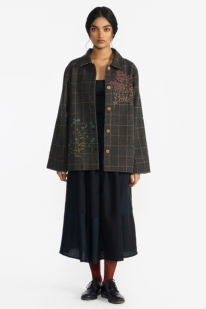 Grey Wool Floral Oversized Checkered Jacket by Payal Pratap at Pernia's Pop Up Shop