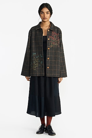 Grey Wool Floral Oversized Checkered Jacket by Payal Pratap