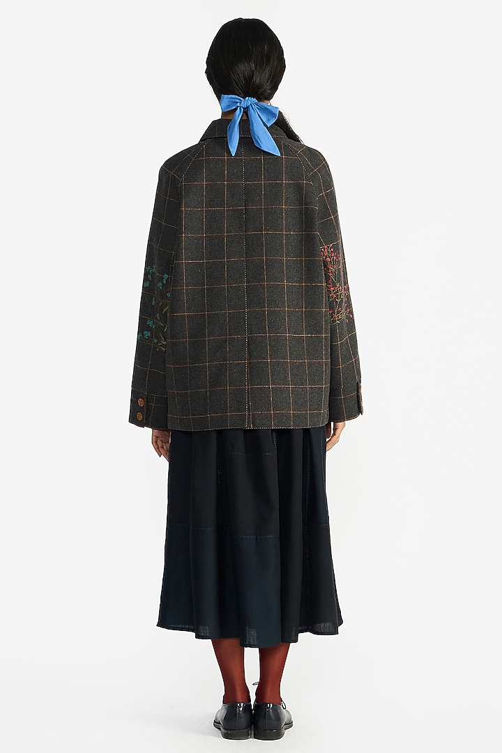 Grey Wool Floral Oversized Checkered Jacket by Payal Pratap at Pernia's Pop Up Shop