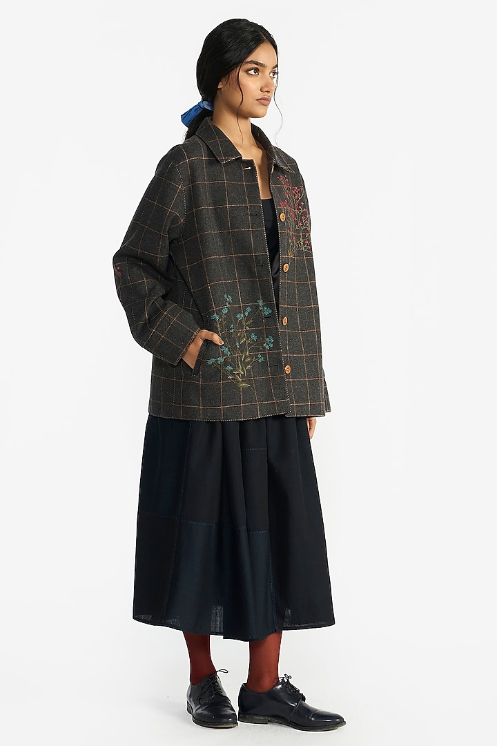 Grey Wool Floral Oversized Checkered Jacket by Payal Pratap at Pernia's Pop Up Shop