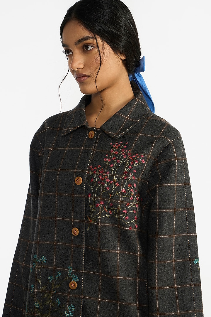Grey Wool Floral Oversized Checkered Jacket by Payal Pratap at Pernia's Pop Up Shop