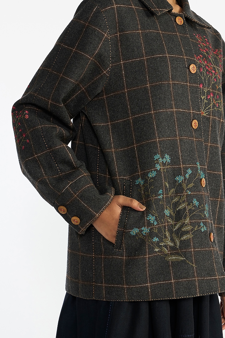 Grey Wool Floral Oversized Checkered Jacket by Payal Pratap at Pernia's Pop Up Shop