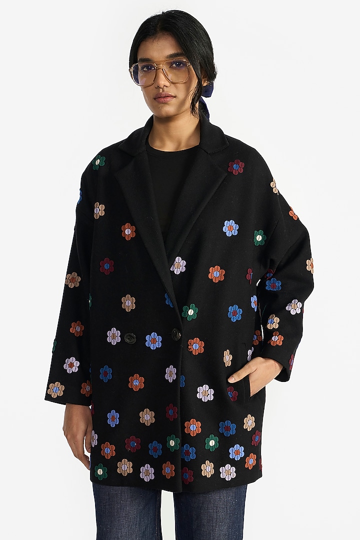 Black Felt Wool Sequins Embroidered Oversized Jacket by Payal Pratap at Pernia's Pop Up Shop