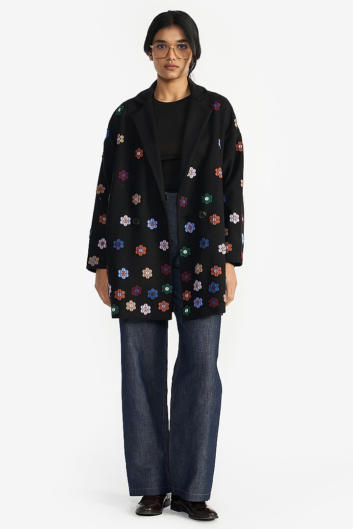 Black Felt Wool Sequins Embroidered Oversized Jacket by Payal Pratap at Pernia's Pop Up Shop