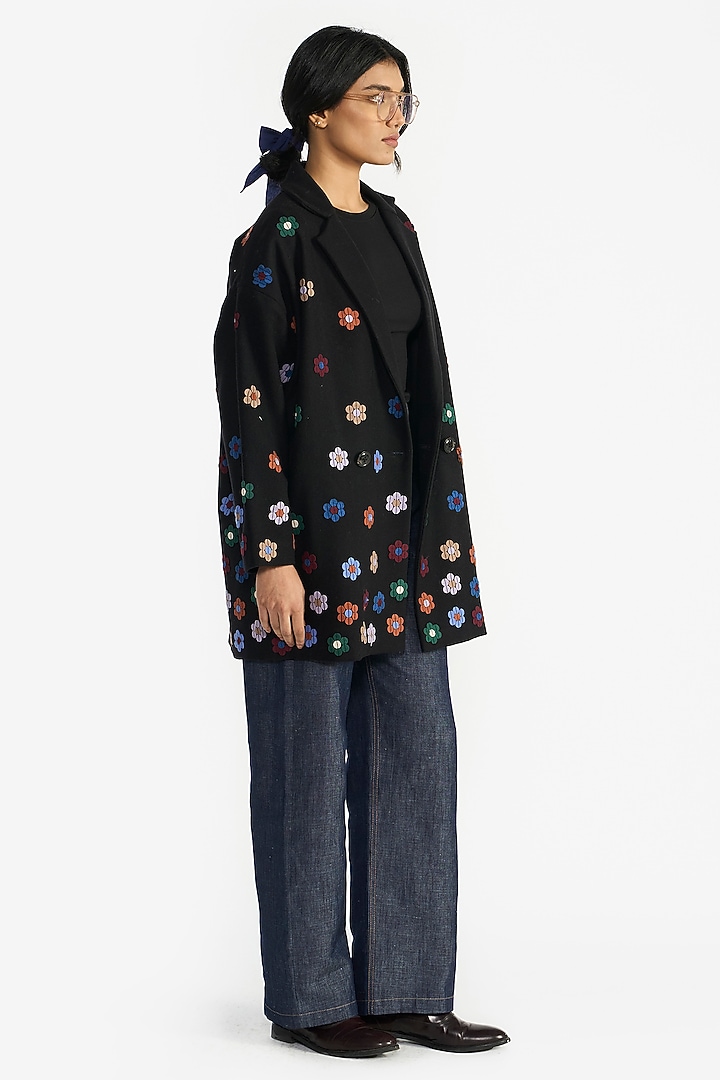 Black Felt Wool Sequins Embroidered Oversized Jacket by Payal Pratap at Pernia's Pop Up Shop
