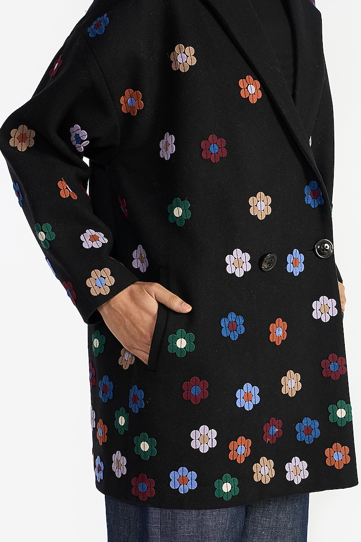 Black Felt Wool Sequins Embroidered Oversized Jacket by Payal Pratap at Pernia's Pop Up Shop