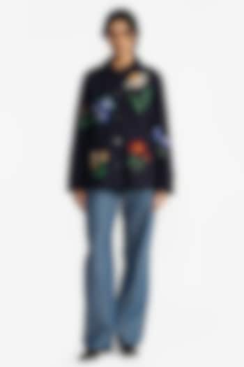 Navy Blue Felt Wool Floral Embroidered Jacket by Payal Pratap at Pernia's Pop Up Shop