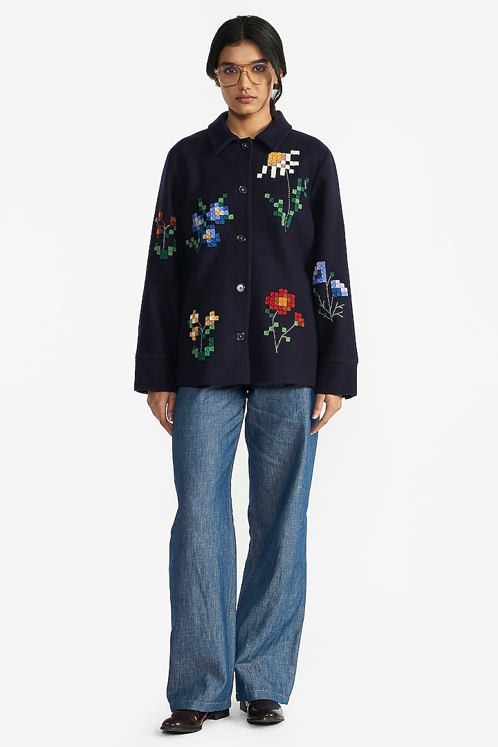 Navy Blue Felt Wool Floral Embroidered Jacket by Payal Pratap at Pernia's Pop Up Shop