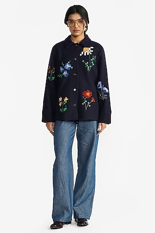 Navy Blue Felt Wool Floral Embroidered Jacket by Payal Pratap