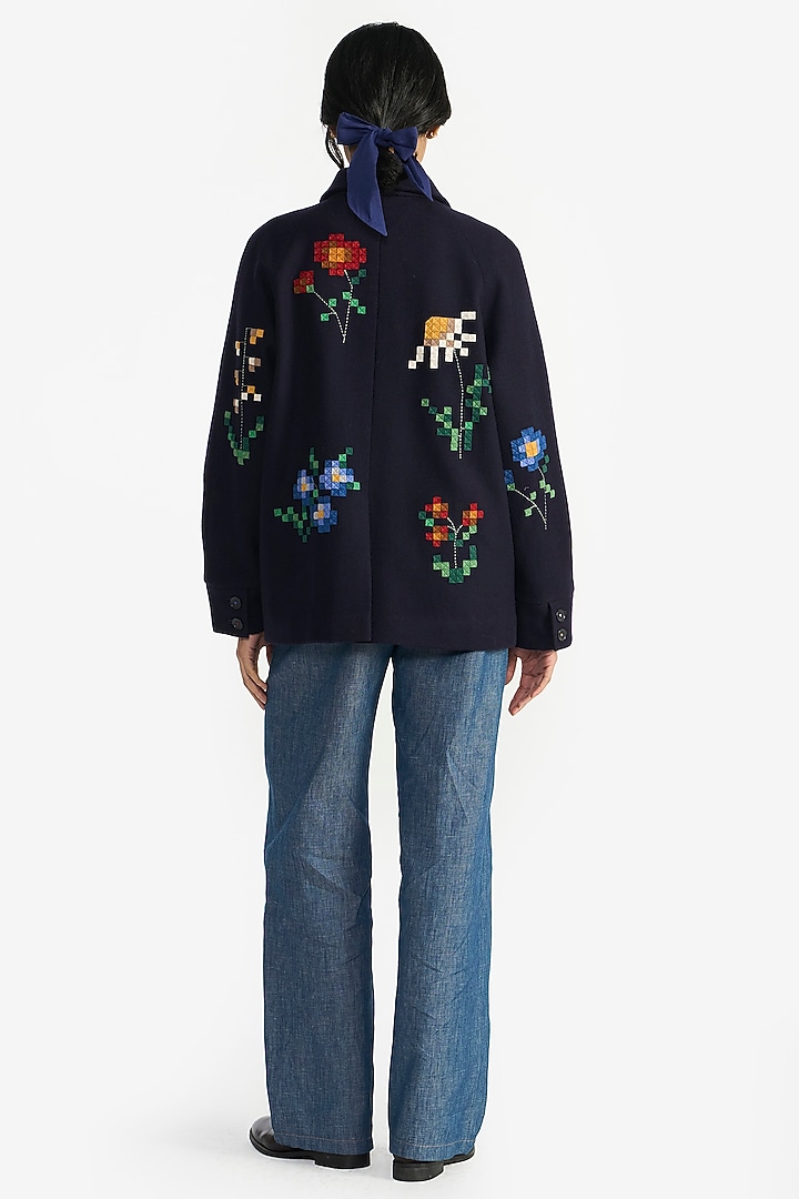 Navy Blue Felt Wool Floral Embroidered Jacket by Payal Pratap at Pernia's Pop Up Shop