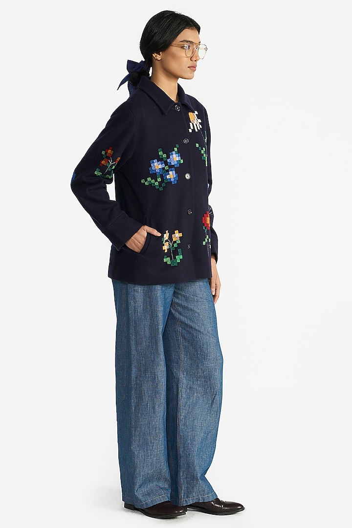Navy Blue Felt Wool Floral Embroidered Jacket by Payal Pratap at Pernia's Pop Up Shop