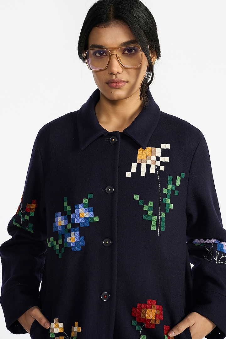 Navy Blue Felt Wool Floral Embroidered Jacket by Payal Pratap at Pernia's Pop Up Shop