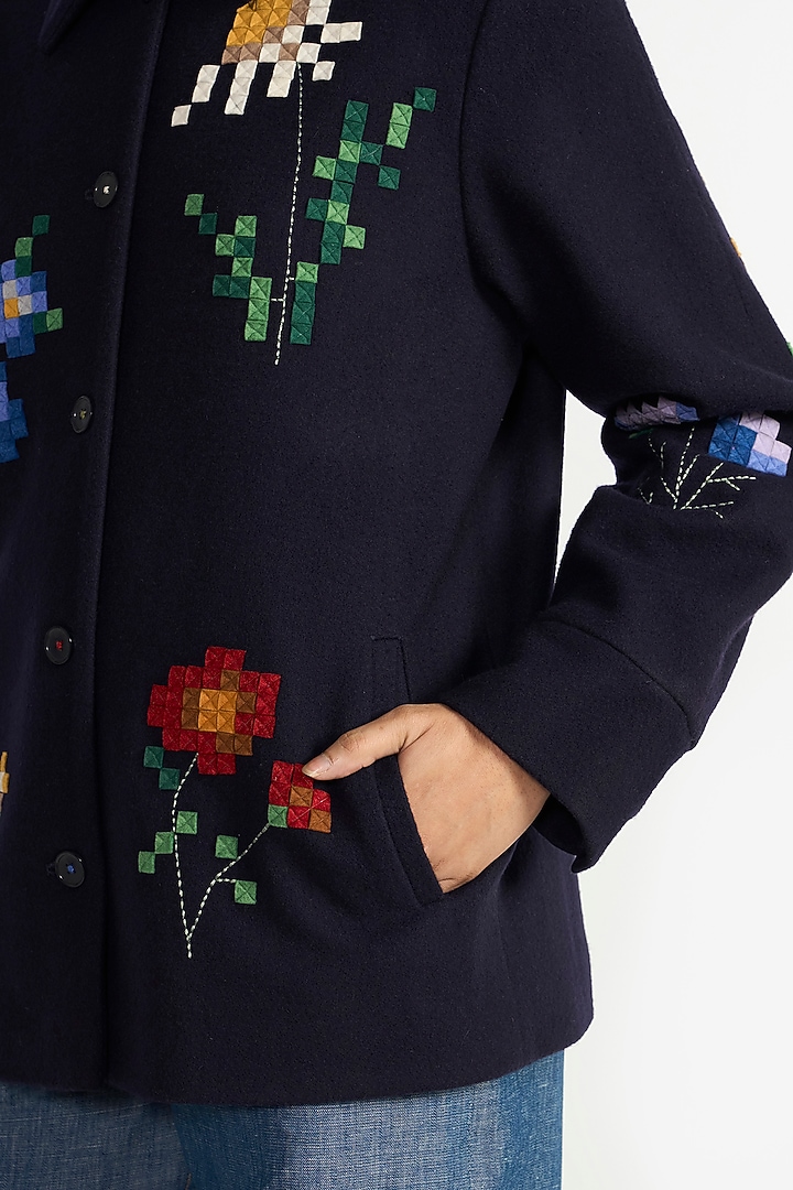 Navy Blue Felt Wool Floral Embroidered Jacket by Payal Pratap at Pernia's Pop Up Shop