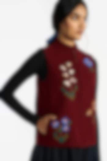Wine Felt Wool Floral Embroidered Gilet by Payal Pratap at Pernia's Pop Up Shop